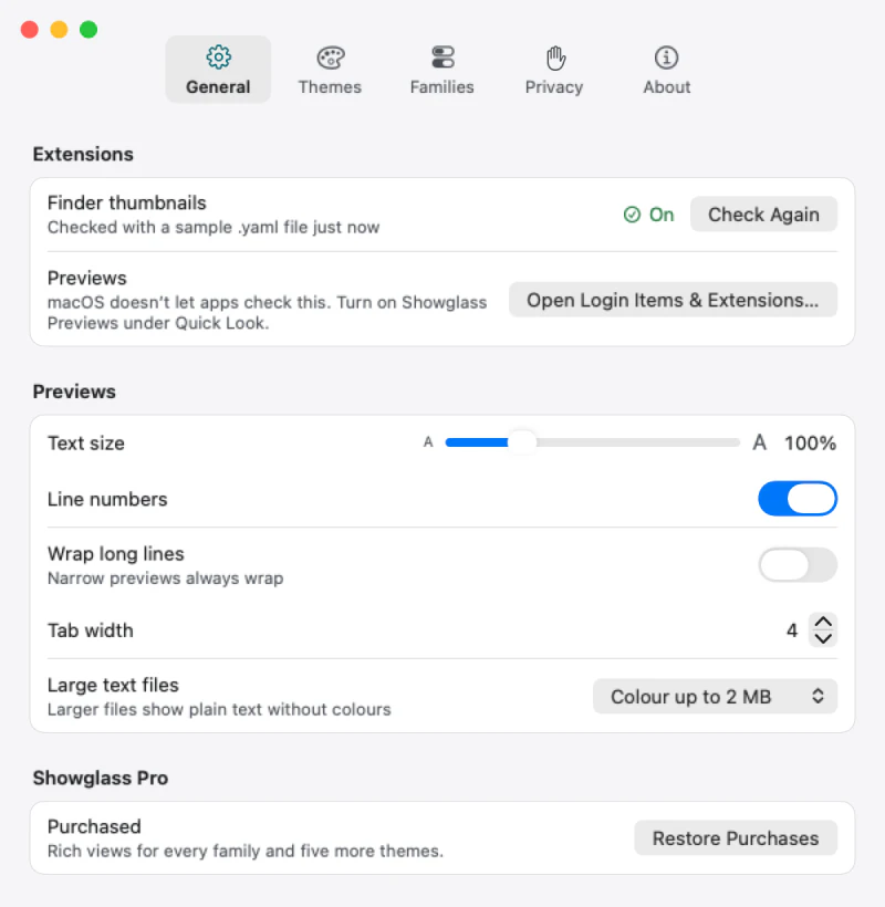 Showglass Settings, General tab: Finder thumbnails are on, a button opens Login Items and Extensions, and controls for text size, line numbers, wrapping, tab width and large text files.