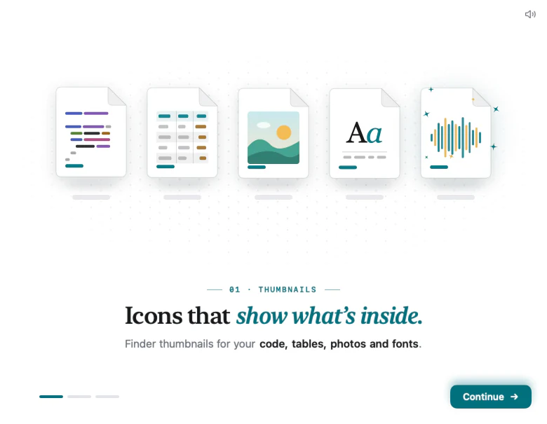 The first page of the Showglass welcome: five file icons for code, a table, a photo, a font and audio, and the headline Icons that show what’s inside.