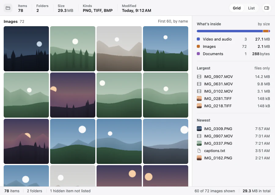 Showglass preview of a folder: a grid of landscape photos, a bar of what's inside by size, and lists of the largest and newest files.