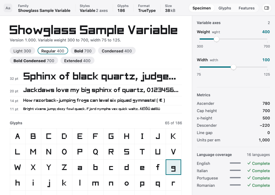 Showglass preview of a variable font: a large specimen, weight and width sliders, a glyph grid, metrics and language coverage.