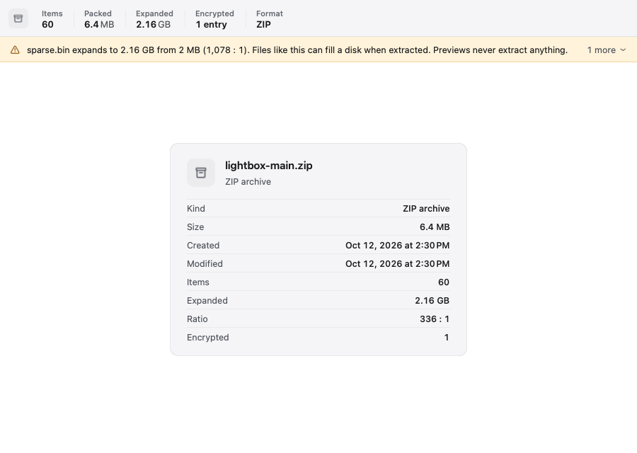 The plain view of lightbox.zip: a card of file facts with name, kind, size and dates.