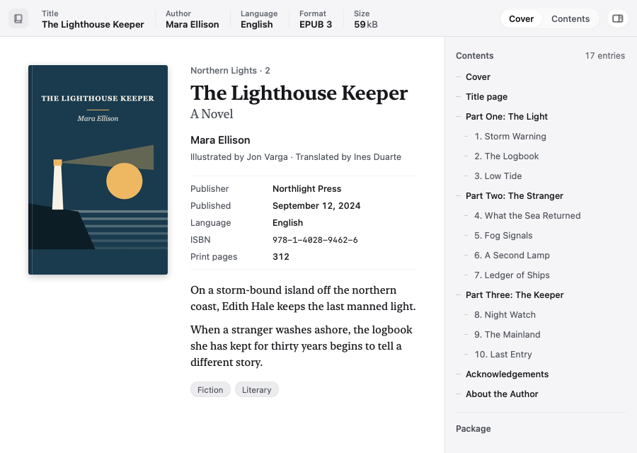 Showglass preview of an EPUB novel: the cover, title, author, publisher and ISBN, a short description, and a table of contents.