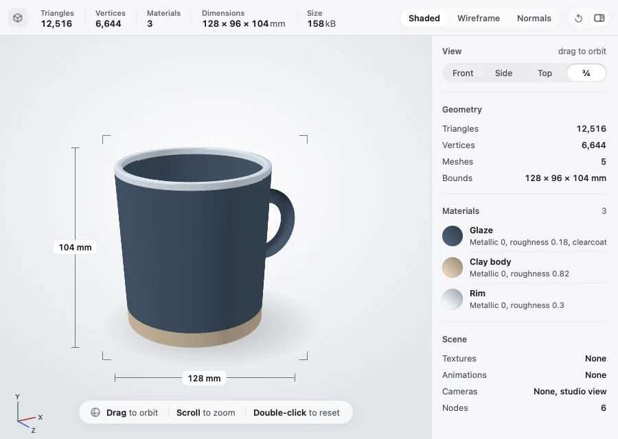 Showglass preview of a 3D mug with its height and width in millimetres, Shaded, Wireframe and Normals buttons, and a list of three materials.