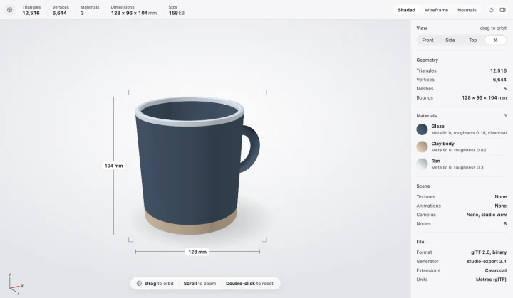A Showglass 3D preview of a mug with measured dimensions and a materials list.