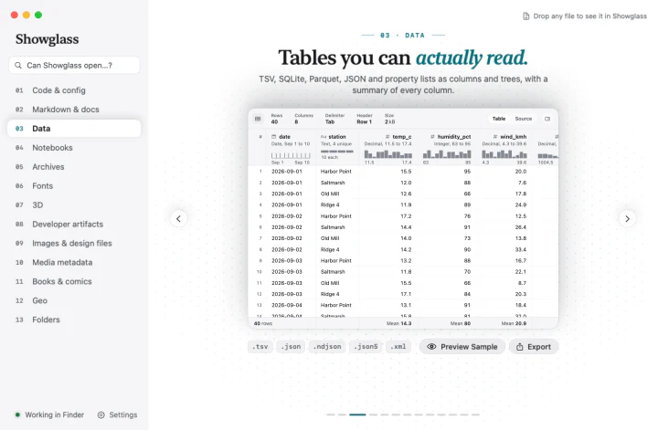 The Showglass app window listing all 83 supported file types by family with tier and thumbnail columns.