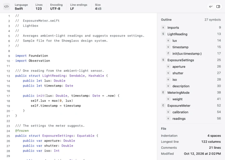 A Showglass code preview of a Swift file with line numbers and an outline of symbols.