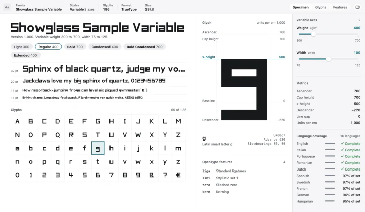 A Showglass font preview with a large specimen, weight and width sliders, a glyph grid and language coverage.