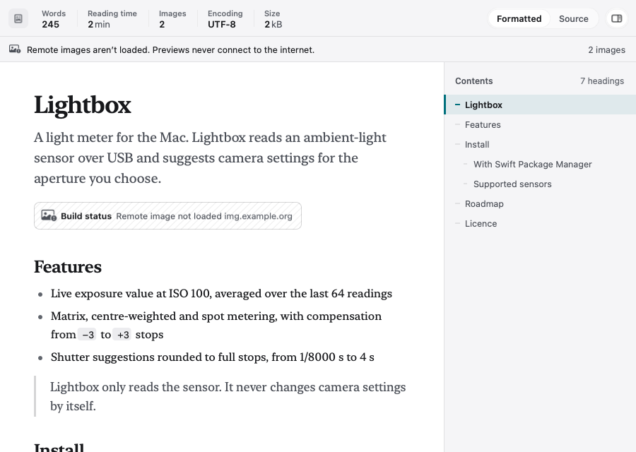 Showglass preview of a README: a serif heading and paragraphs, a notice that remote images aren't loaded, and a contents list of seven headings.
