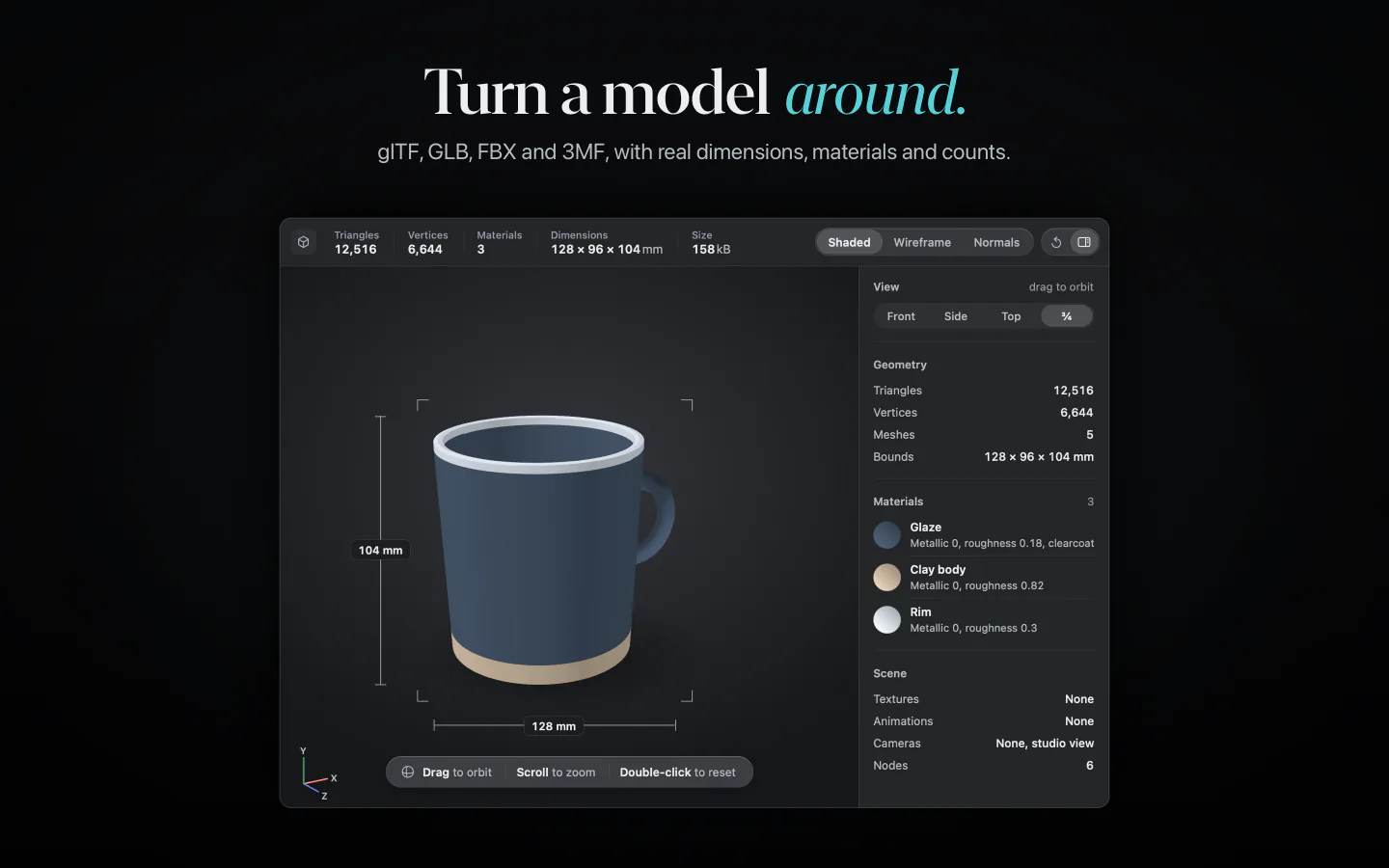 Turn a model around. A 3D mug with its dimensions, materials and counts.