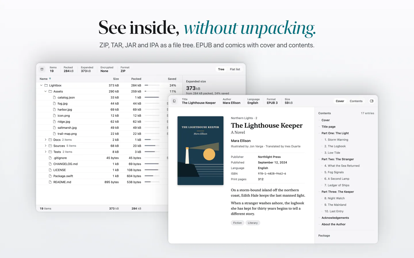 See inside, without unpacking. A ZIP as a file tree beside an EPUB with its cover and contents.