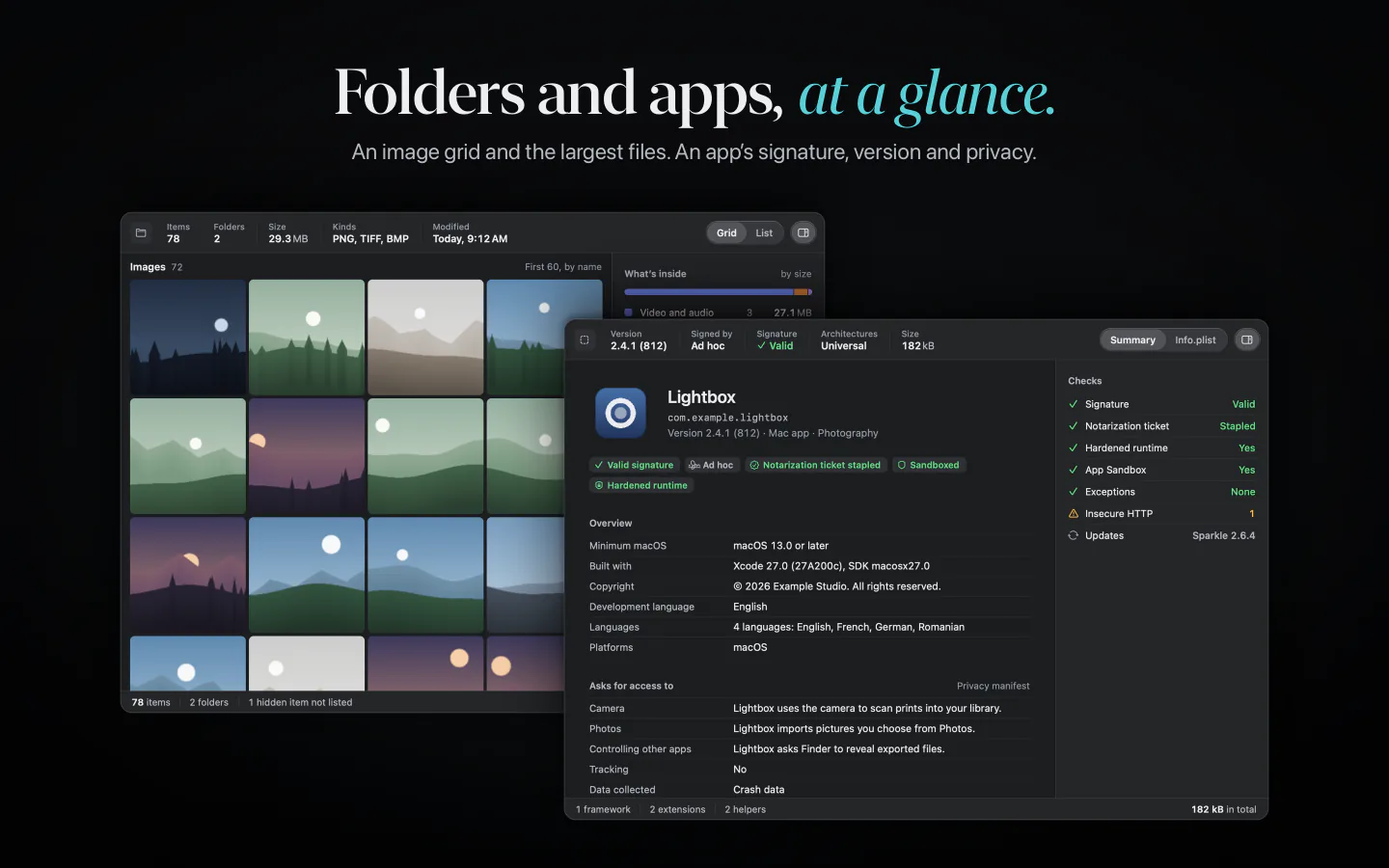 Folders and apps, at a glance. A folder of photos as a grid, and an app with its signature, version and privacy details.