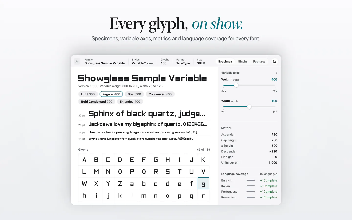 Every glyph, on show. A variable font with weight and width sliders, glyphs, metrics and language coverage.