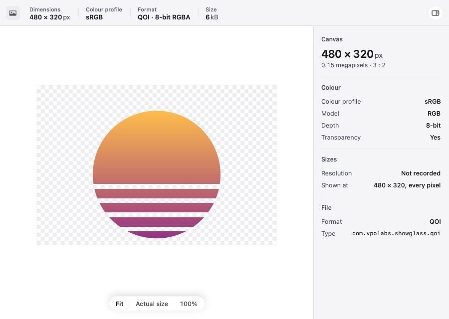 Showglass preview of a QOI image of a striped sunset on a checkerboard, with canvas size, colour profile and depth in a side panel.