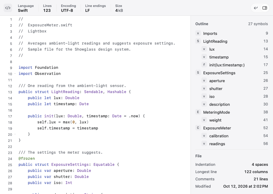 Showglass preview of a Swift file: highlighted code with line numbers, and a side panel listing 27 symbols with their line numbers.